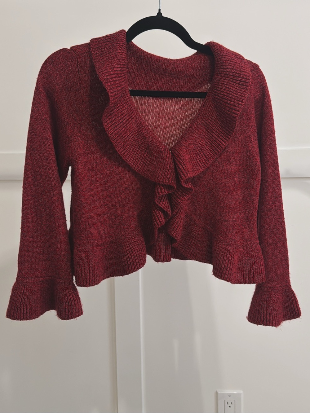Women’s Ruffle-Front Knit Cardigan in Deep Red